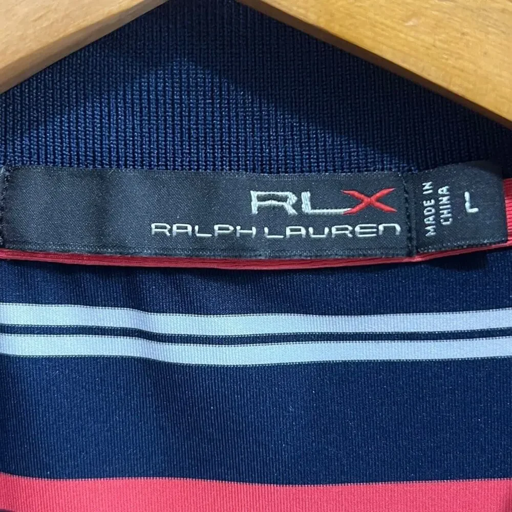 RLX Ralph Lauren Short Sleeve Polo Shirt Blue Pink & White Striped Golf Large